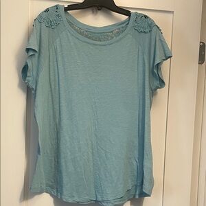 Light Blue Short Sleeve Tee with Crochet Shoulder Detail